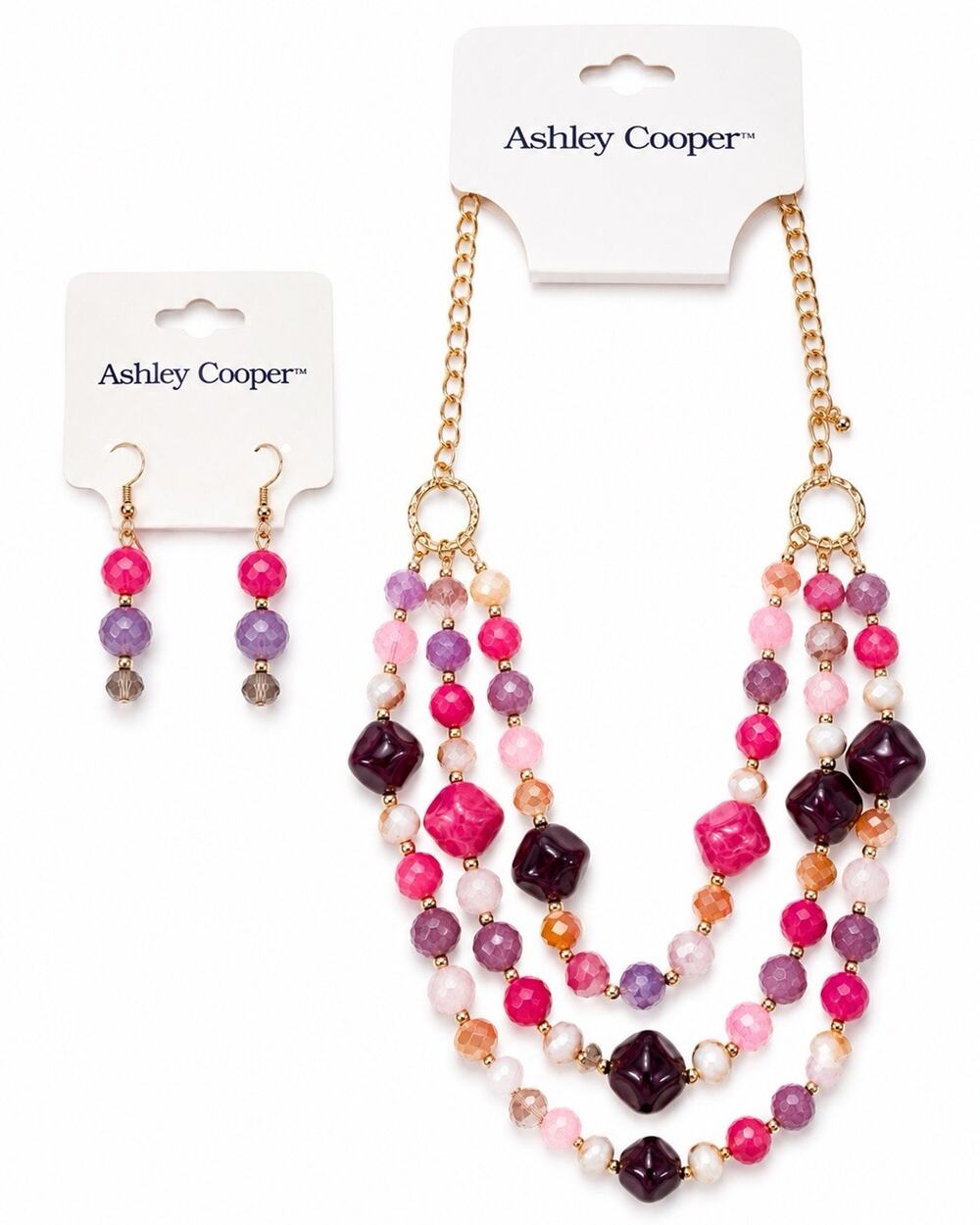 ASHLEY COOPER MULTICOLOR BEADED 3 STRAND NECKLACE & EARRINGS SET NEW